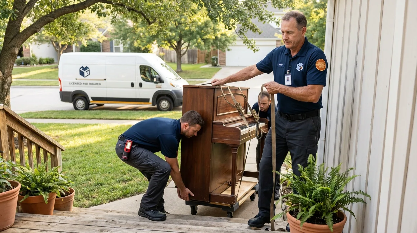 Licensed piano movers securing grand piano in Blackstone, VA
