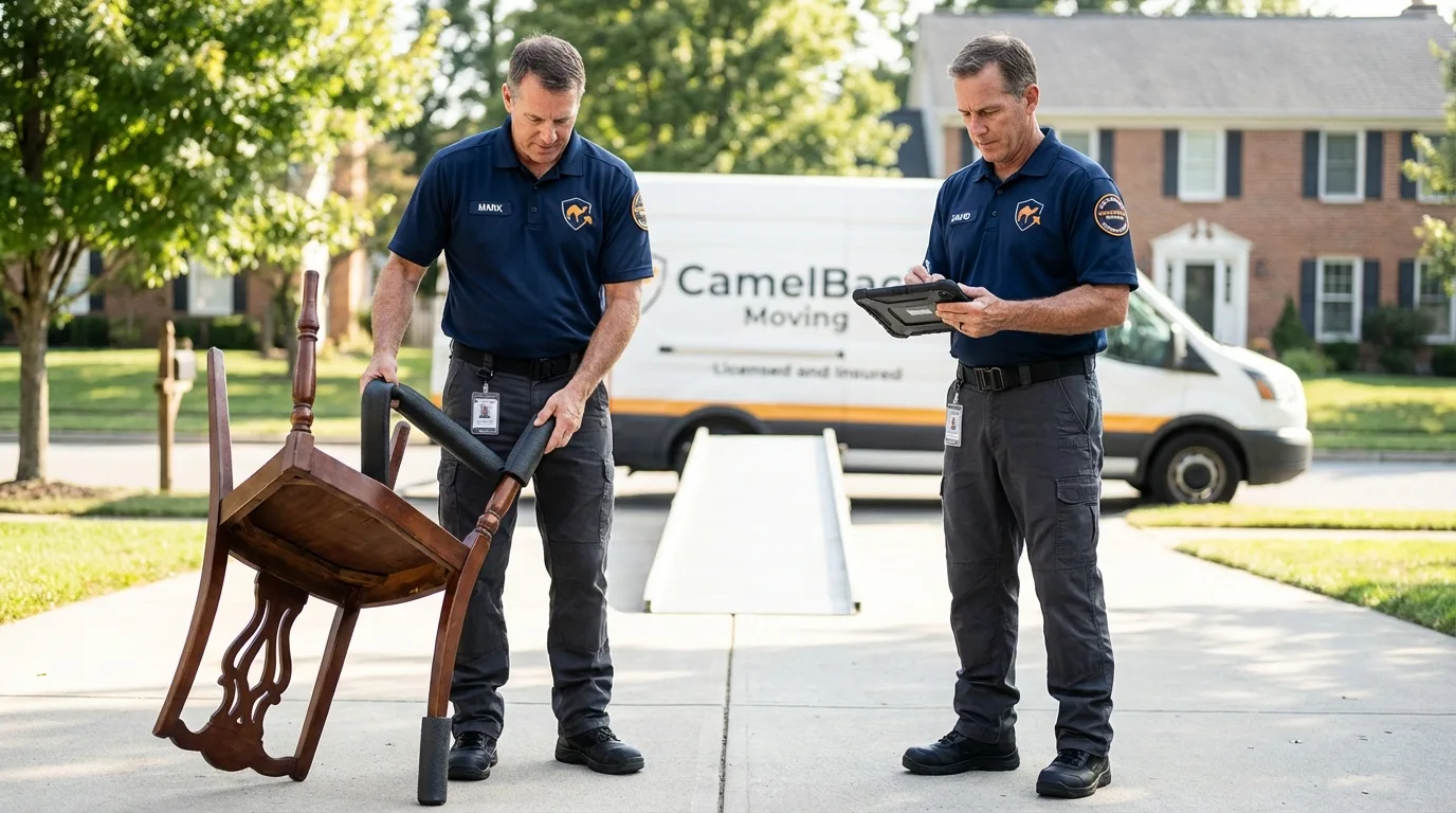 Movers inspecting furniture for damage prevention before loading in Blackstone, VA