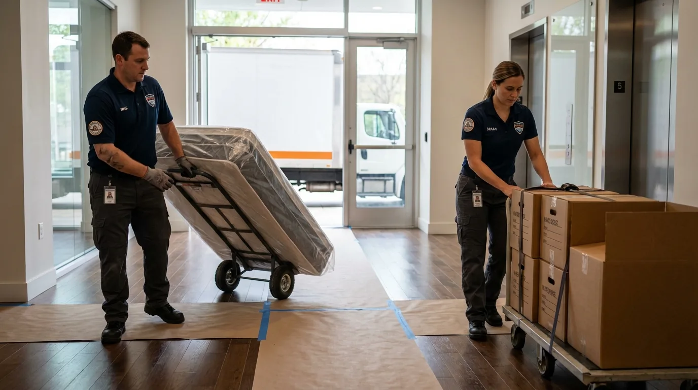 Professional apartment movers loading elevator in Blackstone, VA